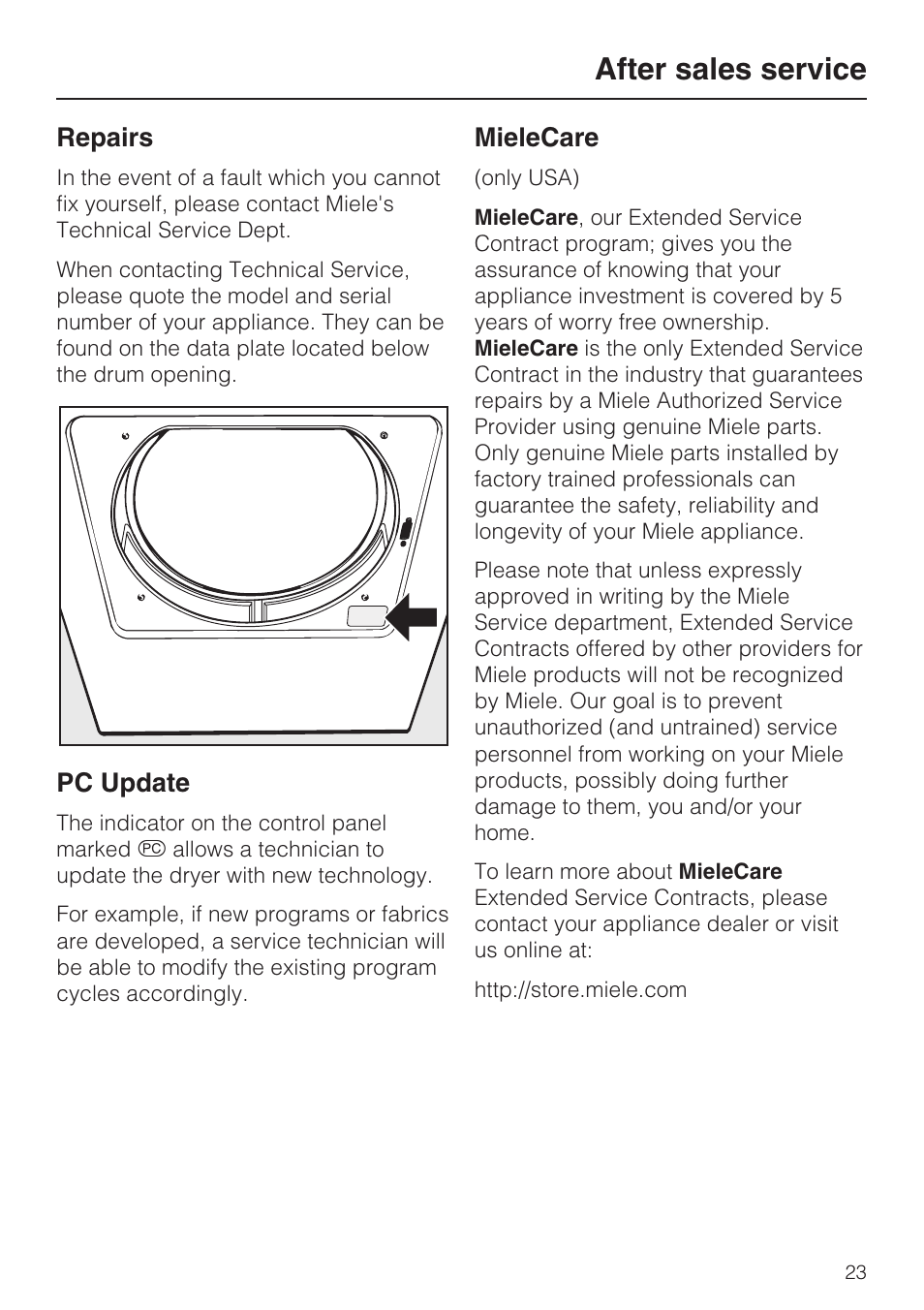 After sales service 23, After sales service | Miele T 8019 C User Manual | Page 27 / 44