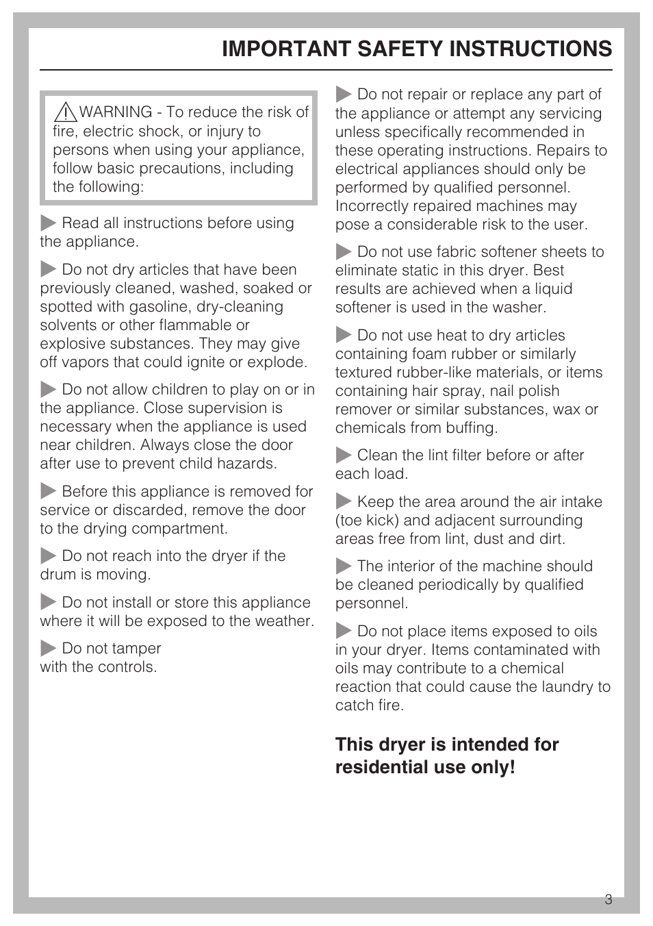 Important safety instructions 3, Important safety instructions | Miele T 8019 C User Manual | Page 3 / 44