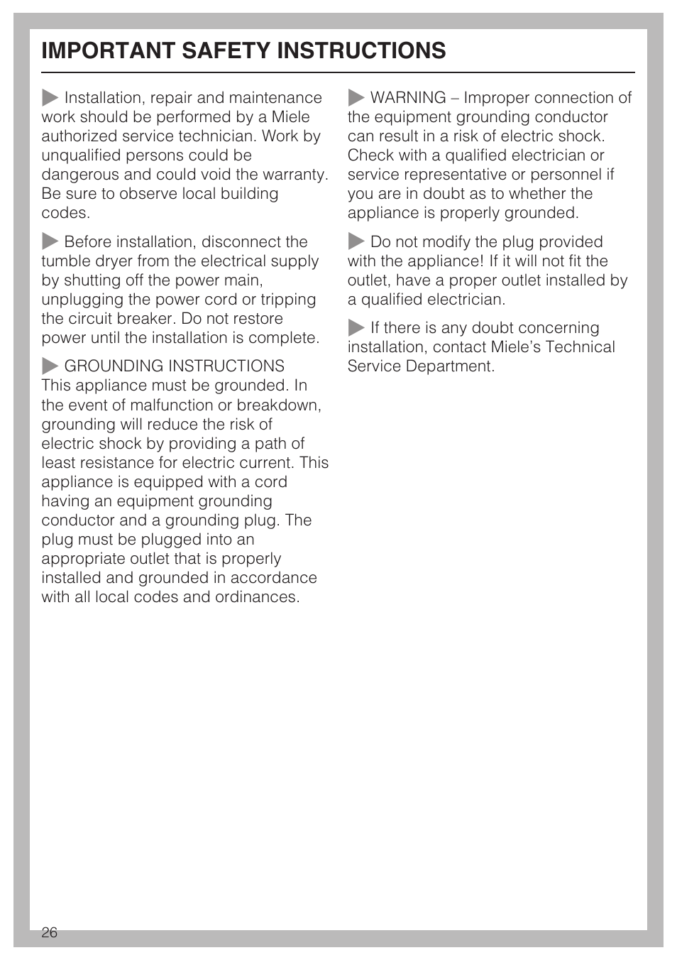 Important safety instructions 26, Important safety instructions | Miele T 8019 C User Manual | Page 30 / 44