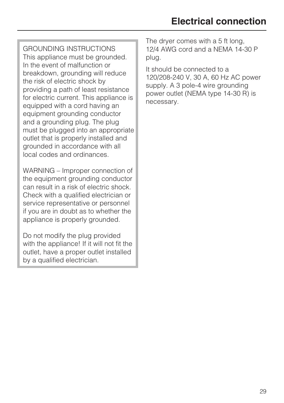 Electrical connection 29, Electrical connection | Miele T 8019 C User Manual | Page 33 / 44