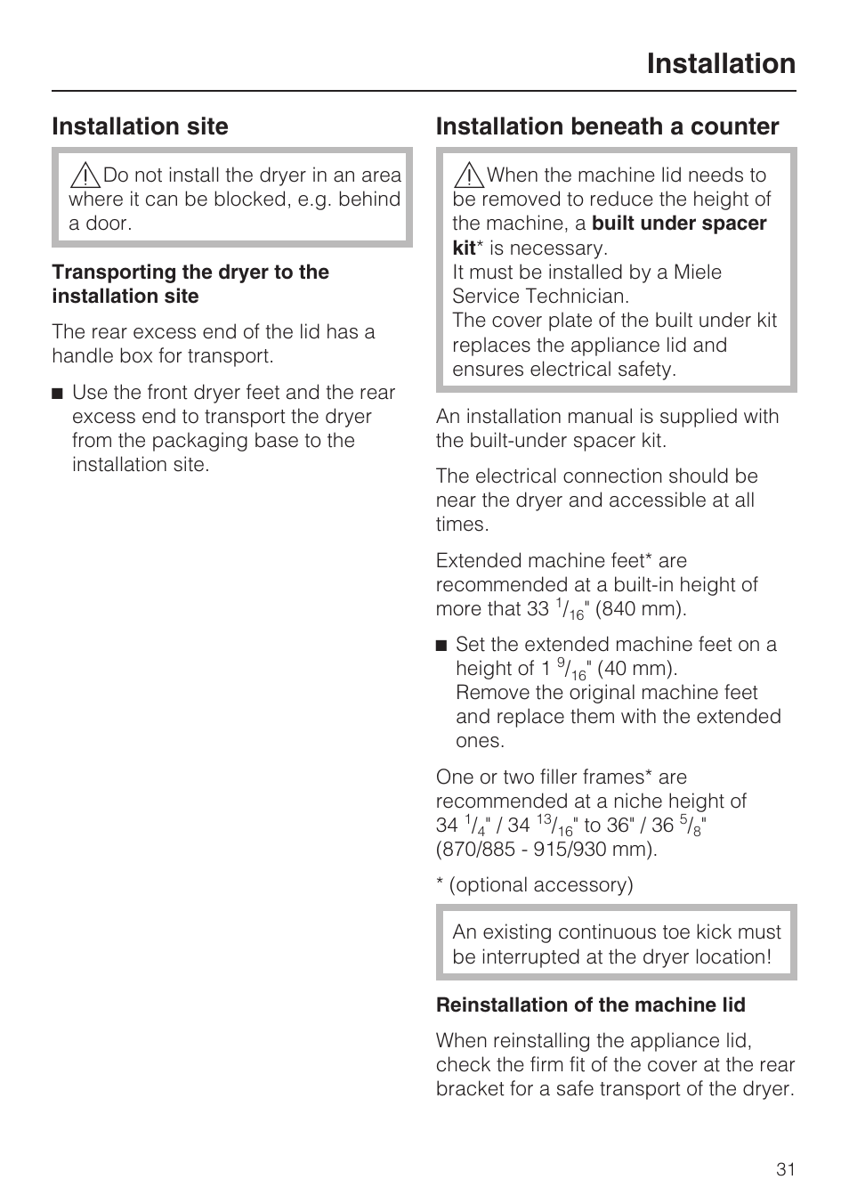 Installation site 31, Installation beneath a counter 31, Installation | Installation site, Installation beneath a counter | Miele T 8019 C User Manual | Page 35 / 44