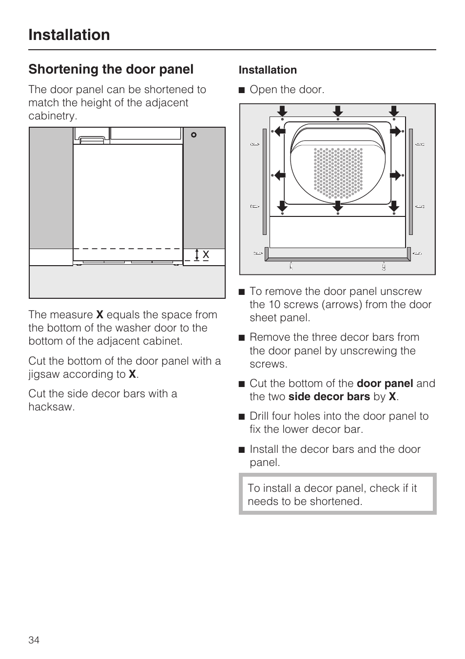 Installation, Shortening the door panel | Miele T 8019 C User Manual | Page 38 / 44