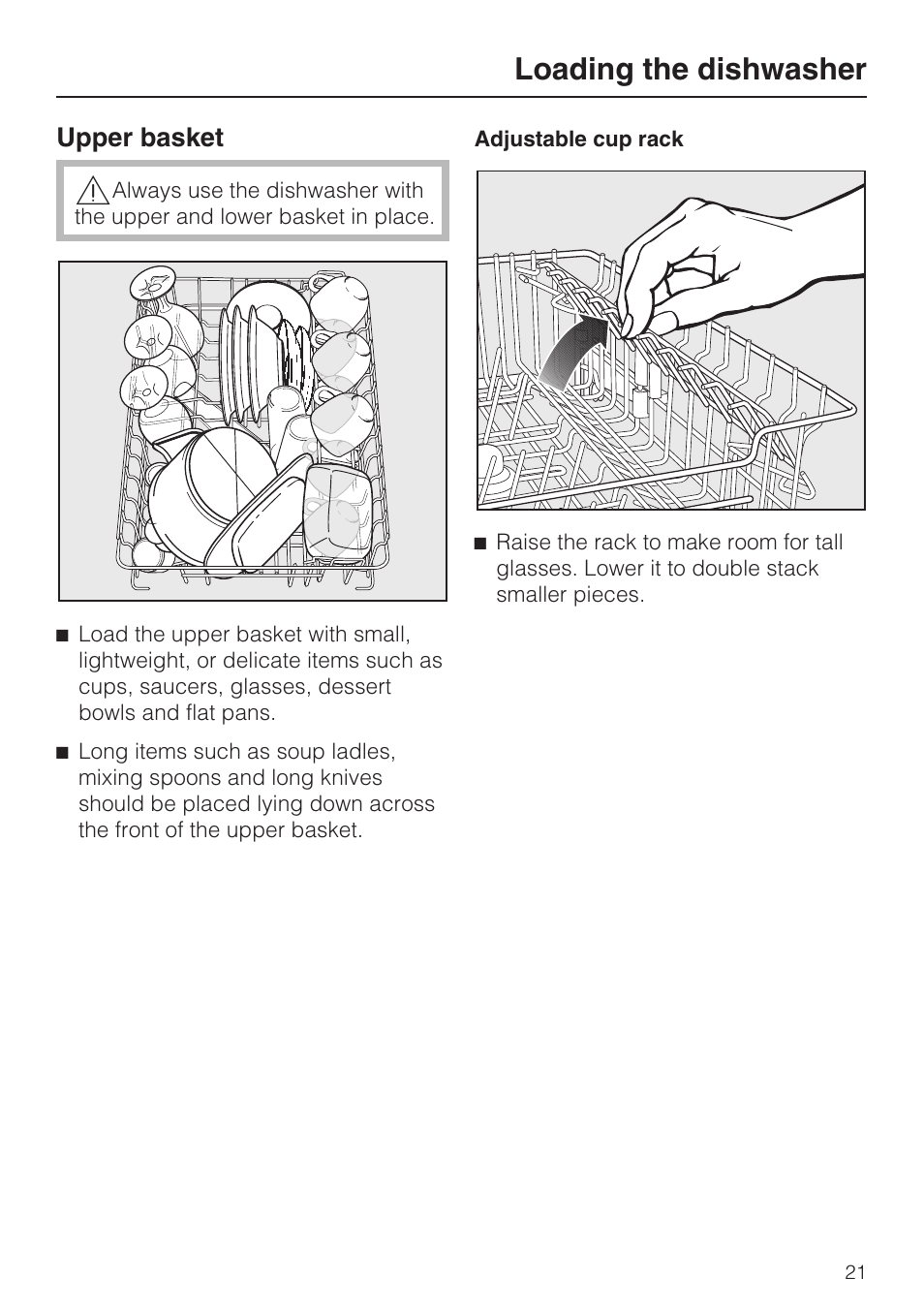 Upper basket 21, Loading the dishwasher | Miele G 4570 User Manual | Page 21 / 60