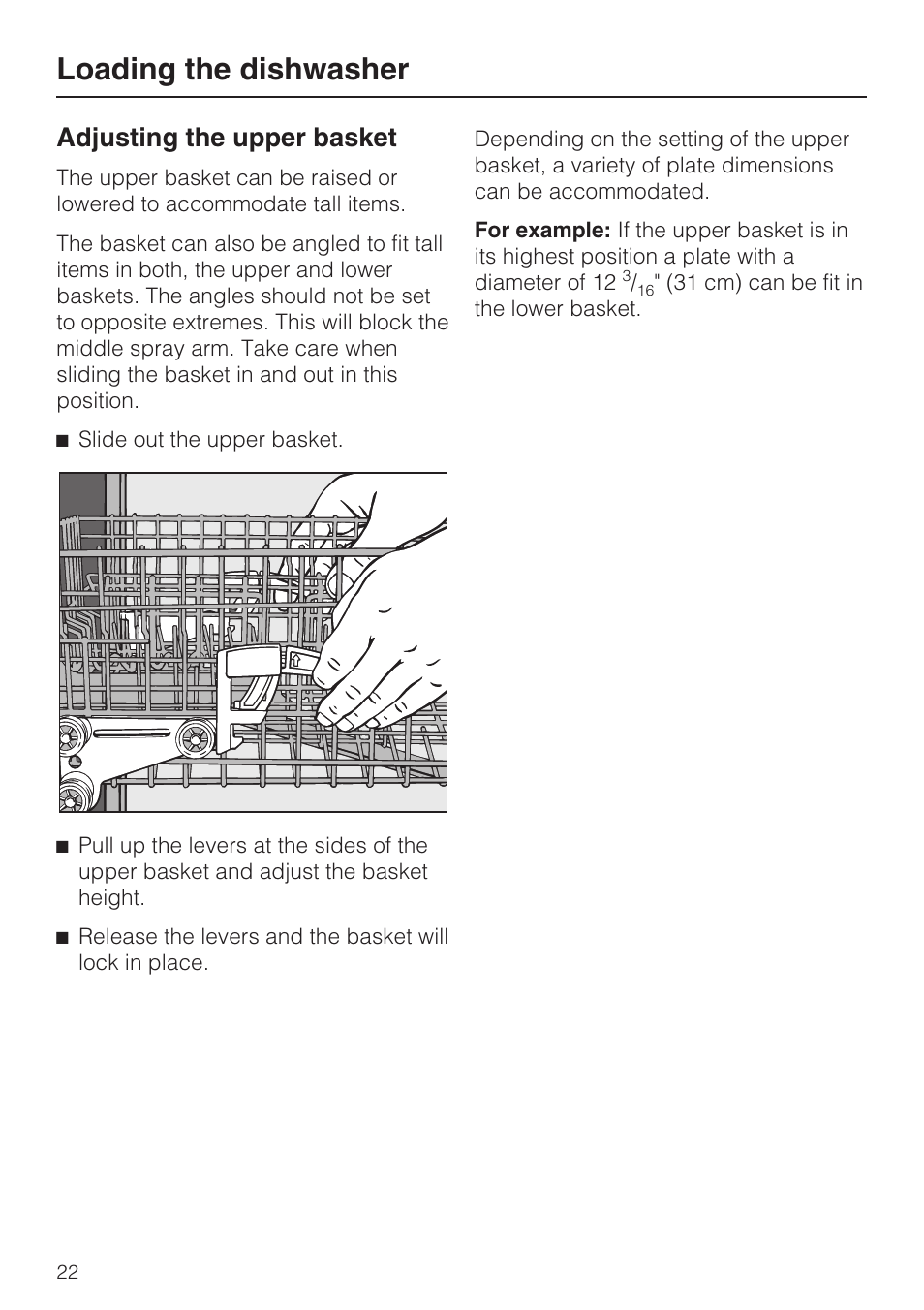 Adjusting the upper basket 22, Loading the dishwasher, Adjusting the upper basket | Miele G 4570 User Manual | Page 22 / 60