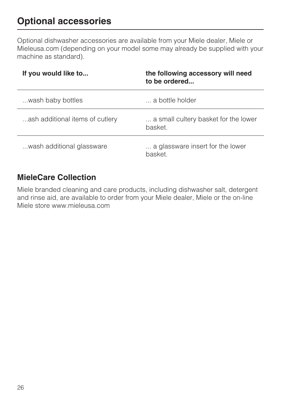 Optional accessories 26, Optional accessories, Mielecare collection | Miele G 4570 User Manual | Page 26 / 60