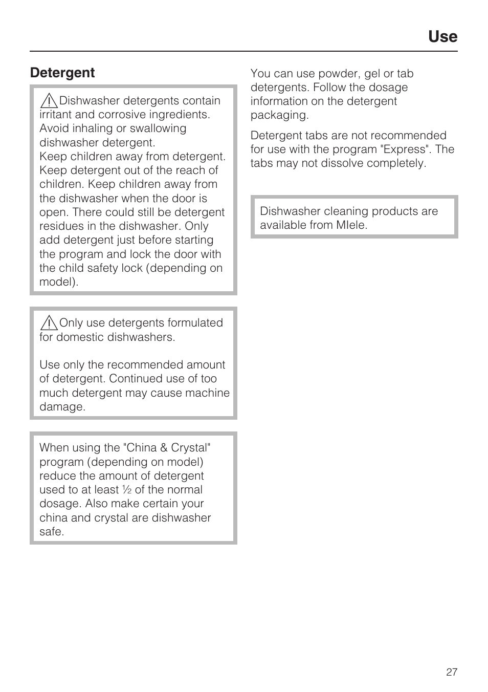 Use 27, Detergent 27 | Miele G 4570 User Manual | Page 27 / 60