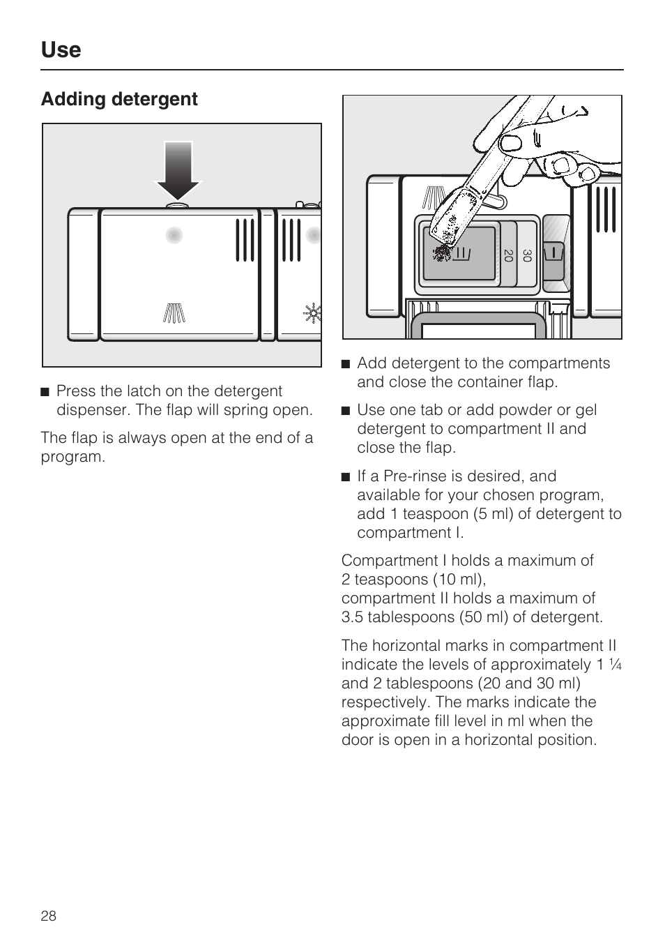 Adding detergent 28, Adding detergent | Miele G 4570 User Manual | Page 28 / 60