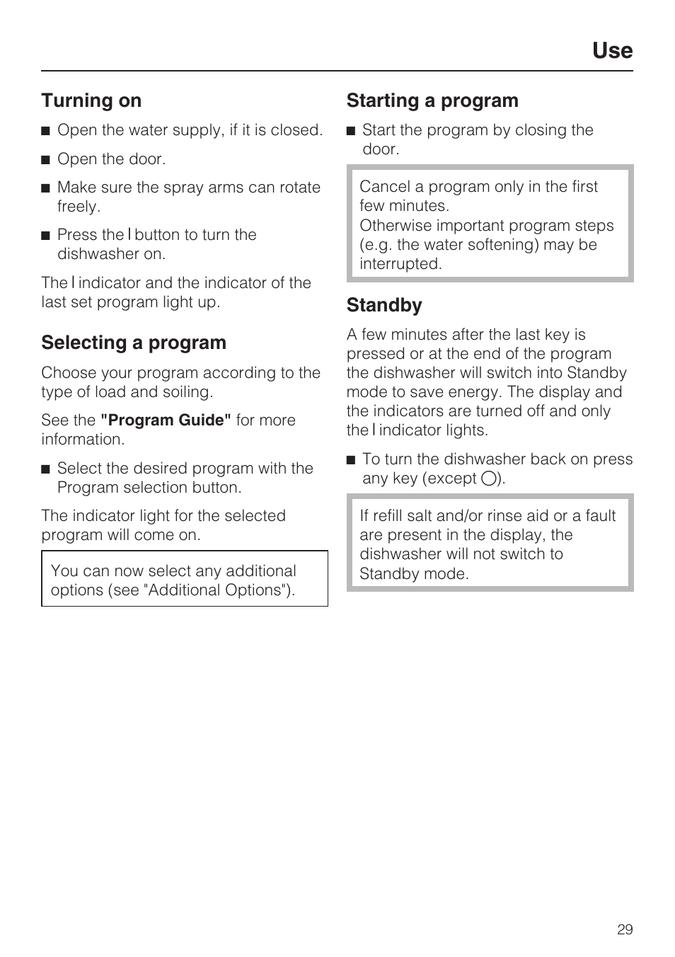 Turning on 29, Selecting a program 29, Starting a program 29 | Standby 29, Turning on, Selecting a program, Starting a program, Standby | Miele G 4570 User Manual | Page 29 / 60