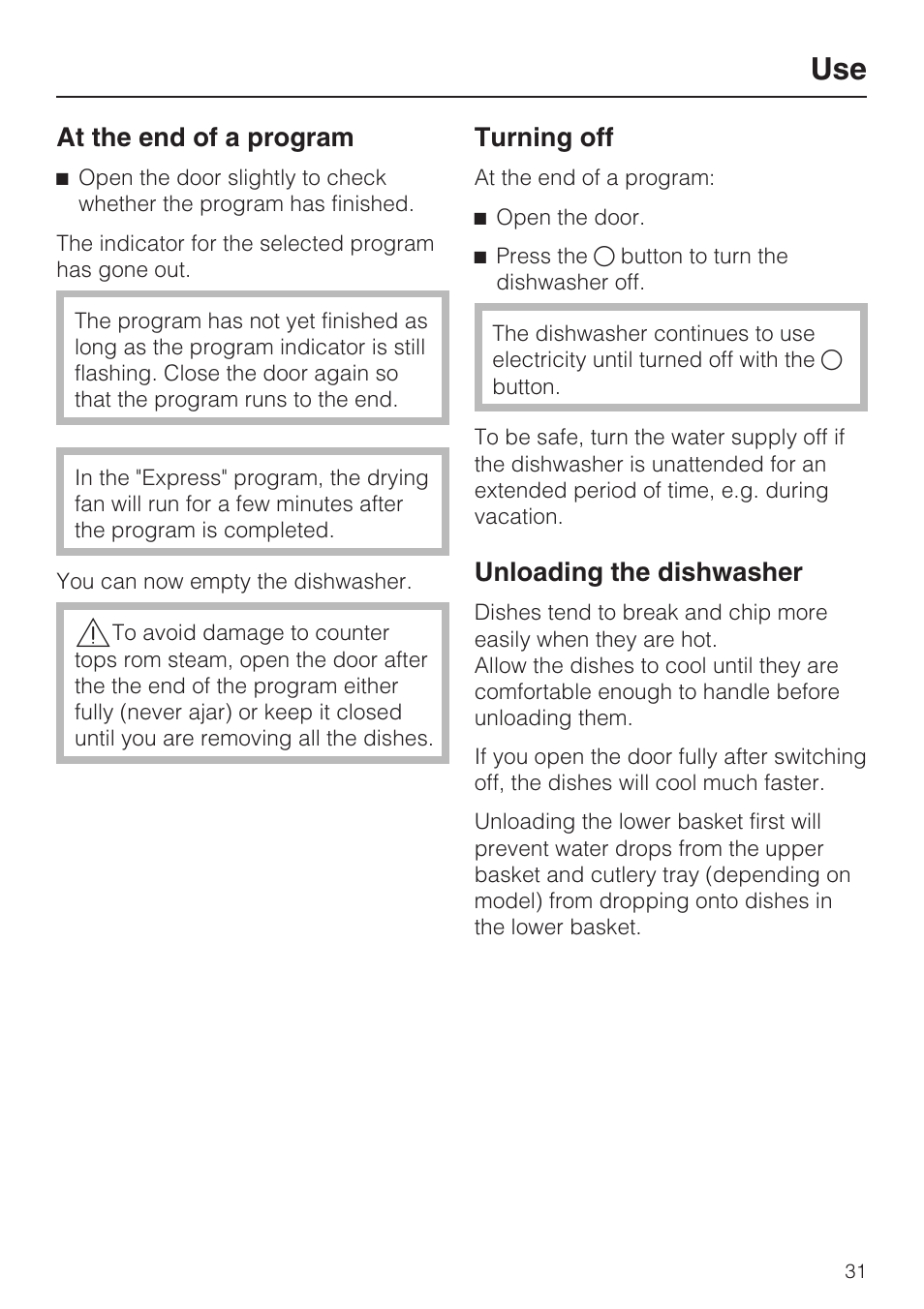 At the end of a program 31, Turning off 31, Unloading the dishwasher 31 | At the end of a program, Turning off, Unloading the dishwasher | Miele G 4570 User Manual | Page 31 / 60