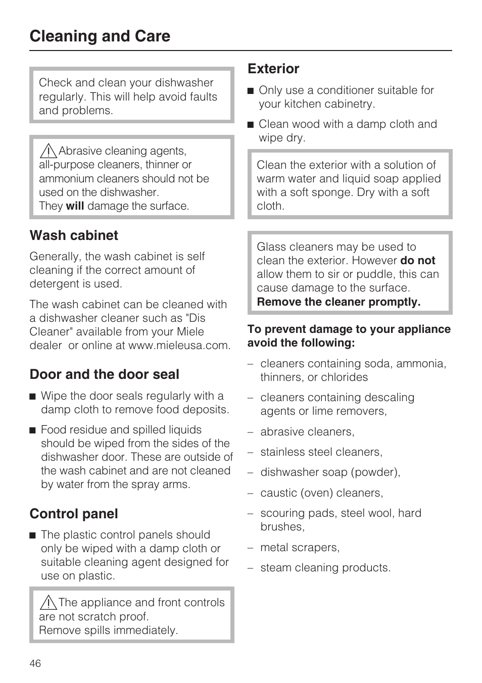 Cleaning and care 46, Cleaning and care, Wash cabinet | Door and the door seal, Control panel, Exterior | Miele G 4570 User Manual | Page 46 / 60