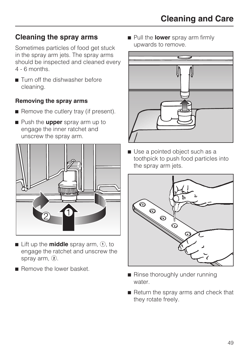 Cleaning and care, Cleaning the spray arms | Miele G 4570 User Manual | Page 49 / 60