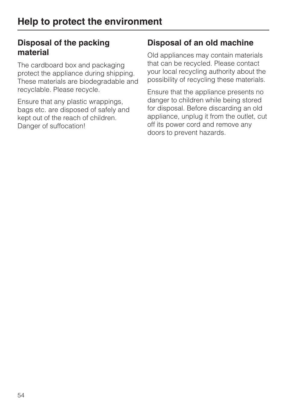 Help to protect the environment 54, Help to protect the environment | Miele G 4570 User Manual | Page 54 / 60