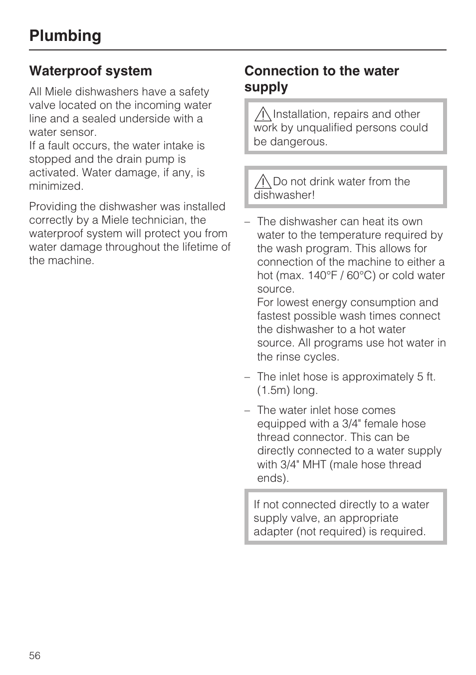 Plumbing 56, Waterproof system 56, Connection to the water supply 56 | Plumbing | Miele G 4570 User Manual | Page 56 / 60