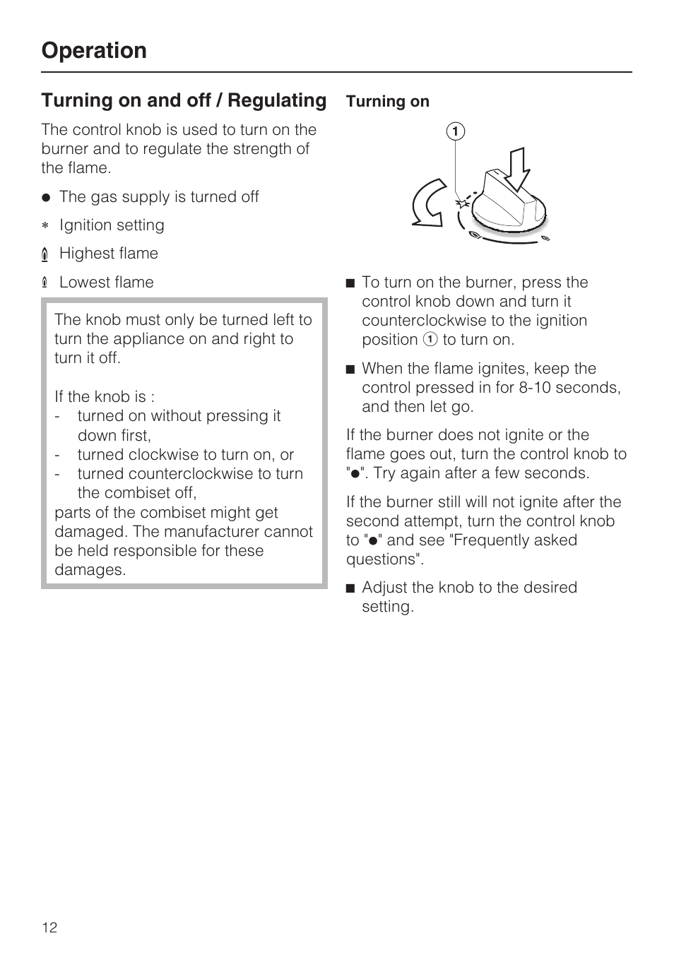 Operation 12, Turning on and off / regulating 12, Operation | Turning on and off / regulating | Miele CS1028 User Manual | Page 12 / 44