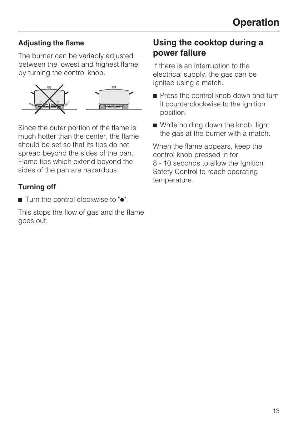 Using the cooktop during a power failure 13, Operation, Using the cooktop during a power failure | Miele CS1028 User Manual | Page 13 / 44