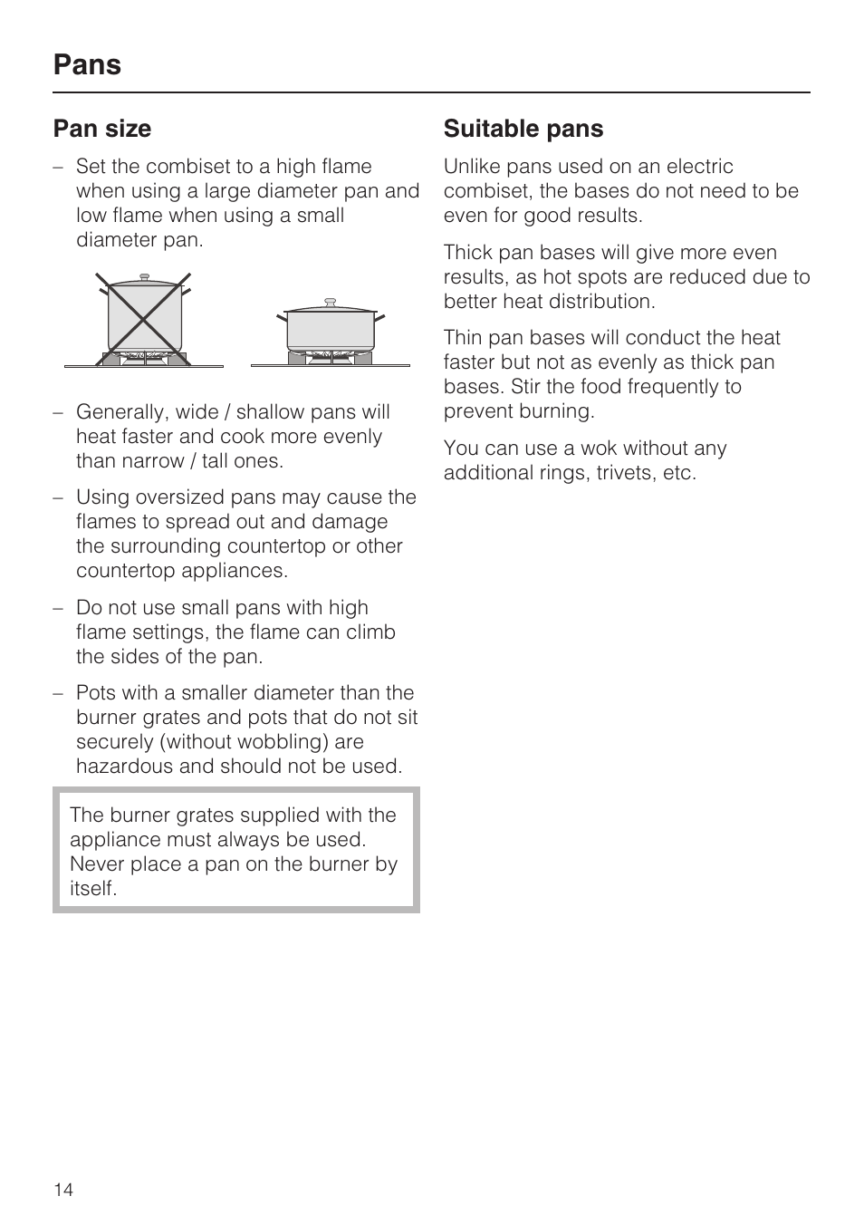 Pans 14, Pans, Pan size | Suitable pans | Miele CS1028 User Manual | Page 14 / 44
