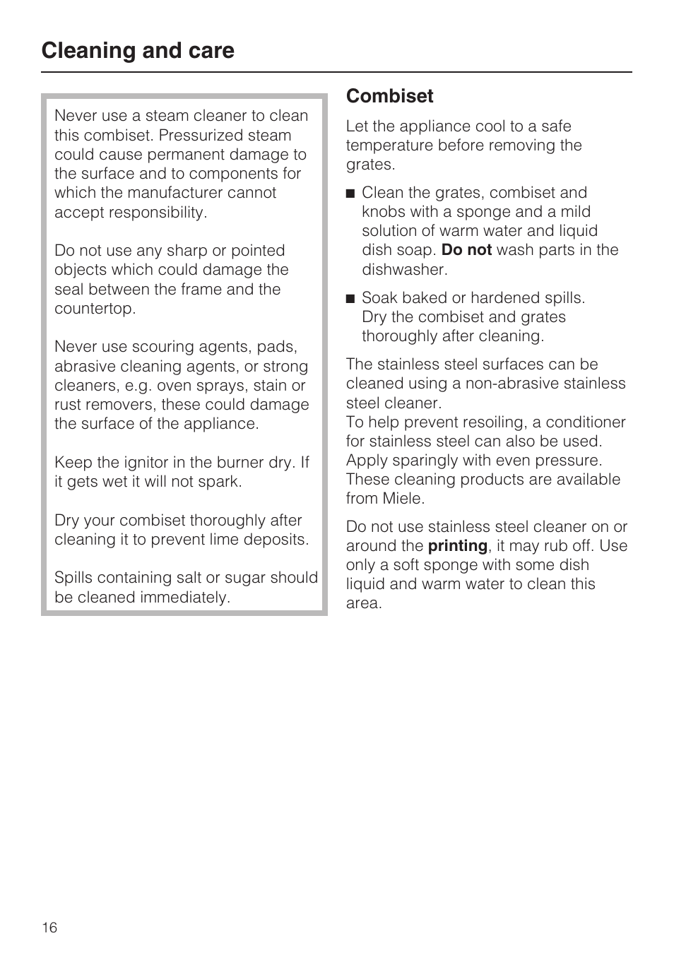Cleaning and care 16, Cleaning and care, Combiset | Miele CS1028 User Manual | Page 16 / 44
