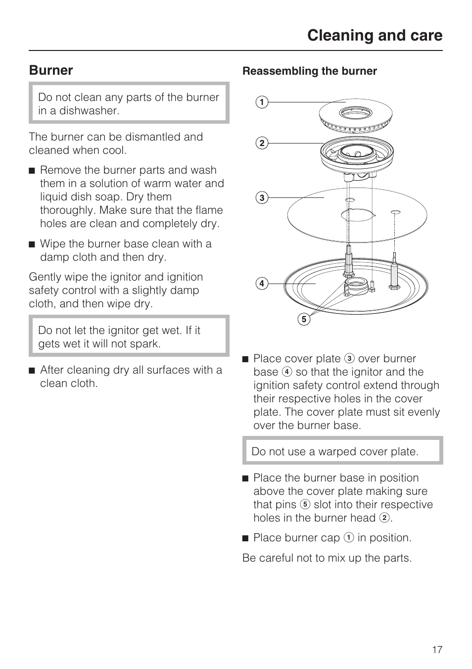 Burner 17, Cleaning and care, Burner | Miele CS1028 User Manual | Page 17 / 44
