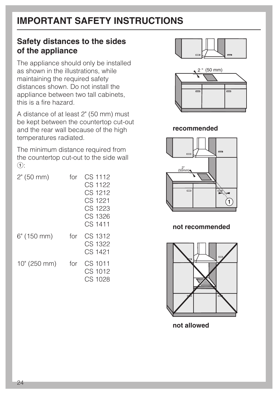 Important safety instructions, Safety distances to the sides of the appliance | Miele CS1028 User Manual | Page 24 / 44