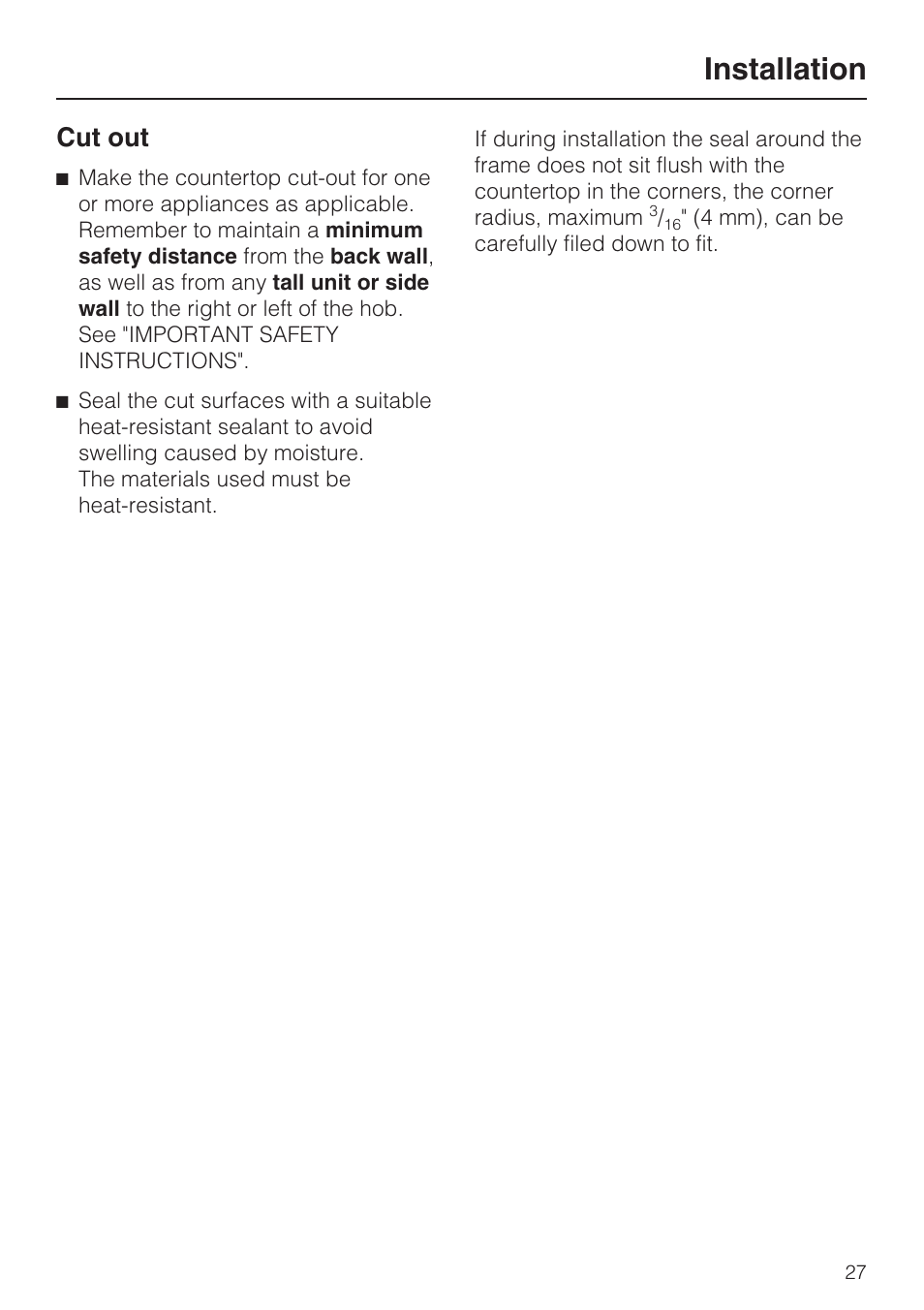 Cut out 27, Installation, Cut out | Miele CS1028 User Manual | Page 27 / 44