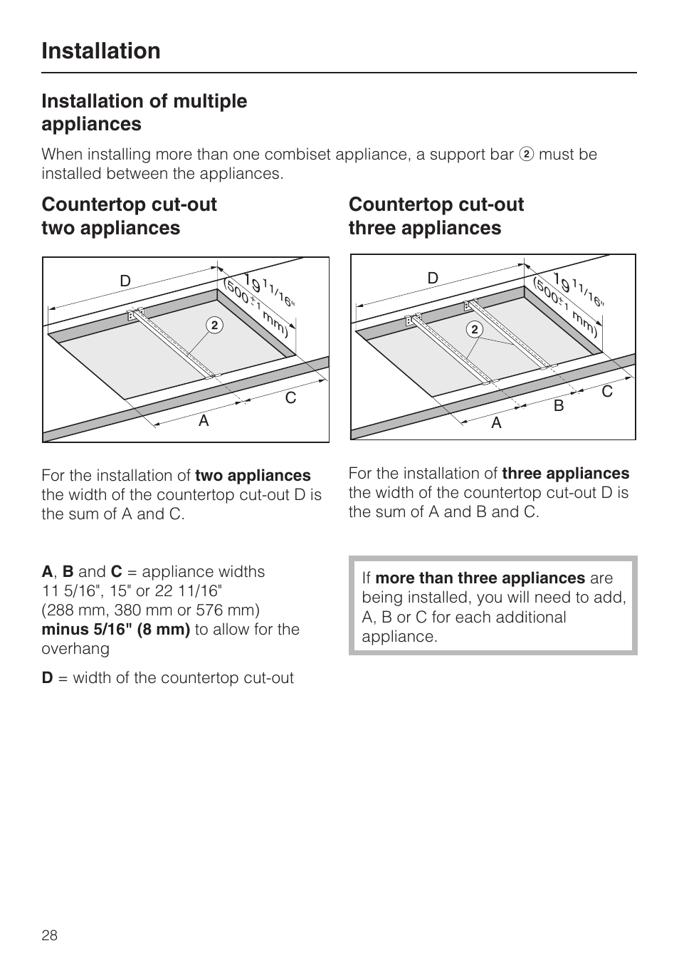 Installation of multiple appliances 28, Installation, Installation of multiple appliances | Countertop cut-out two appliances, Countertop cut-out three appliances | Miele CS1028 User Manual | Page 28 / 44