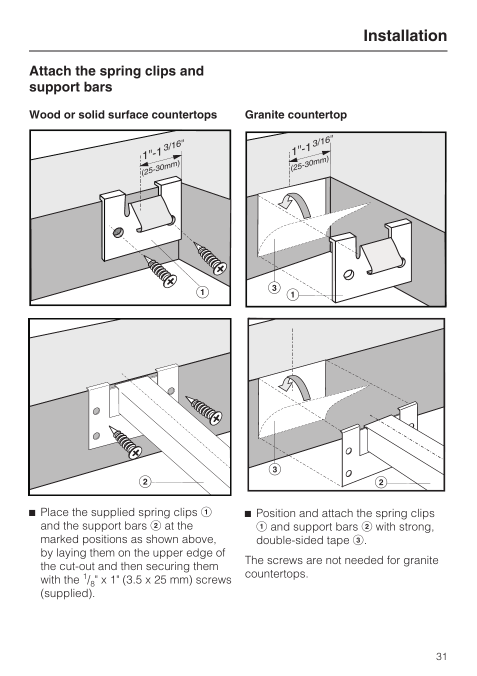 Attach the spring clips and support bars 31, Installation, Attach the spring clips and support bars | Miele CS1028 User Manual | Page 31 / 44