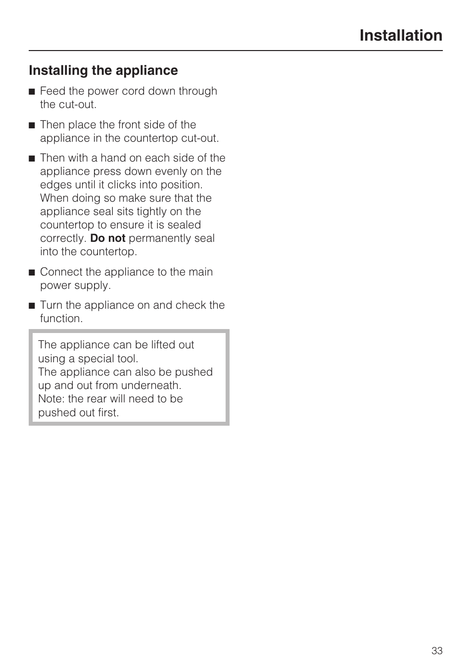 Installation, Installing the appliance | Miele CS1028 User Manual | Page 33 / 44