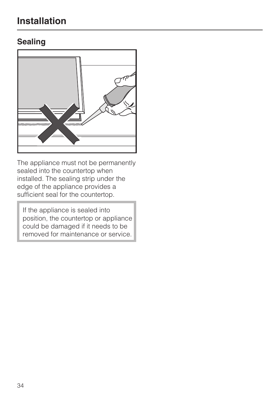 Sealing 34, Installation | Miele CS1028 User Manual | Page 34 / 44