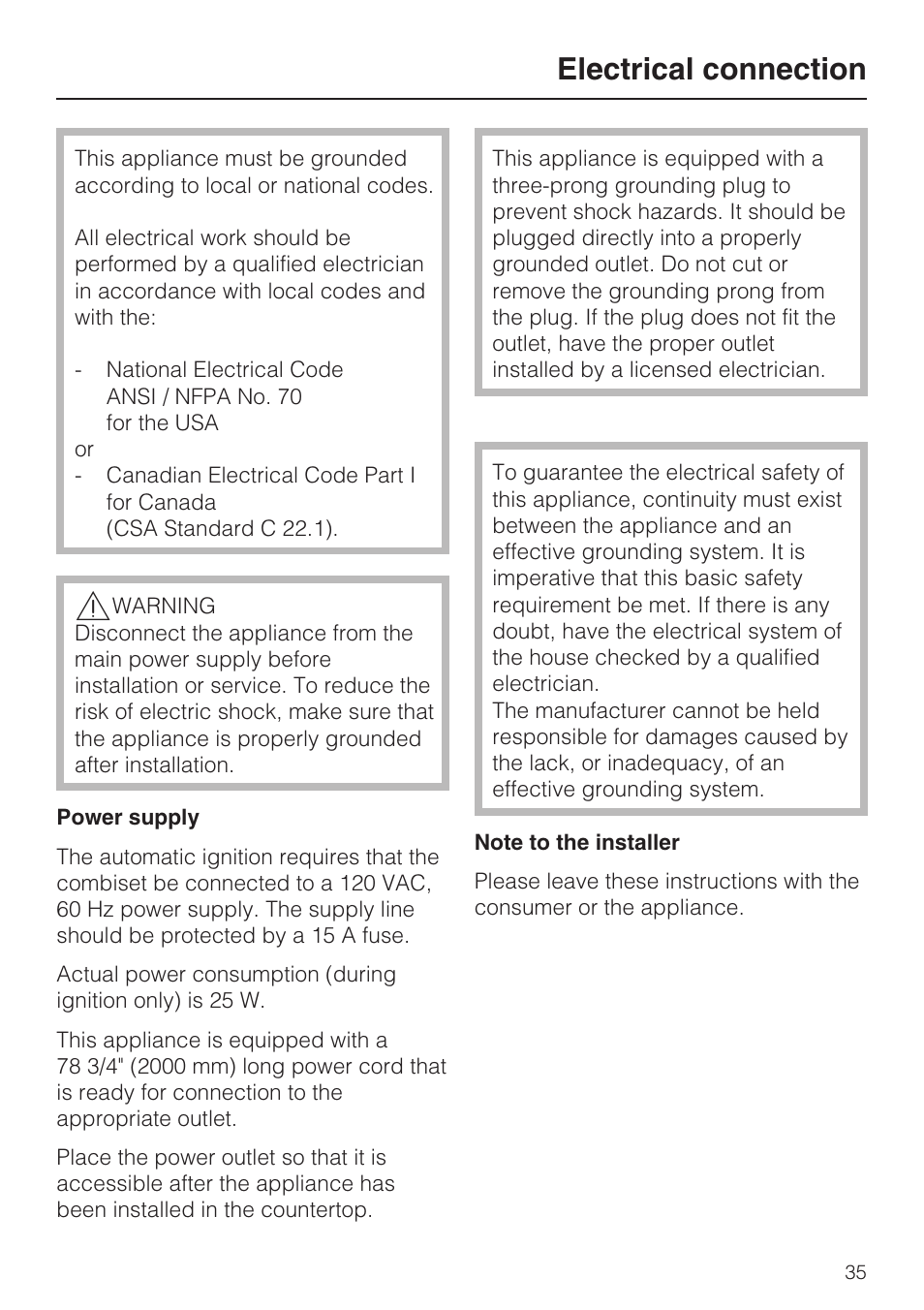 Electrical connection 35, Electrical connection | Miele CS1028 User Manual | Page 35 / 44
