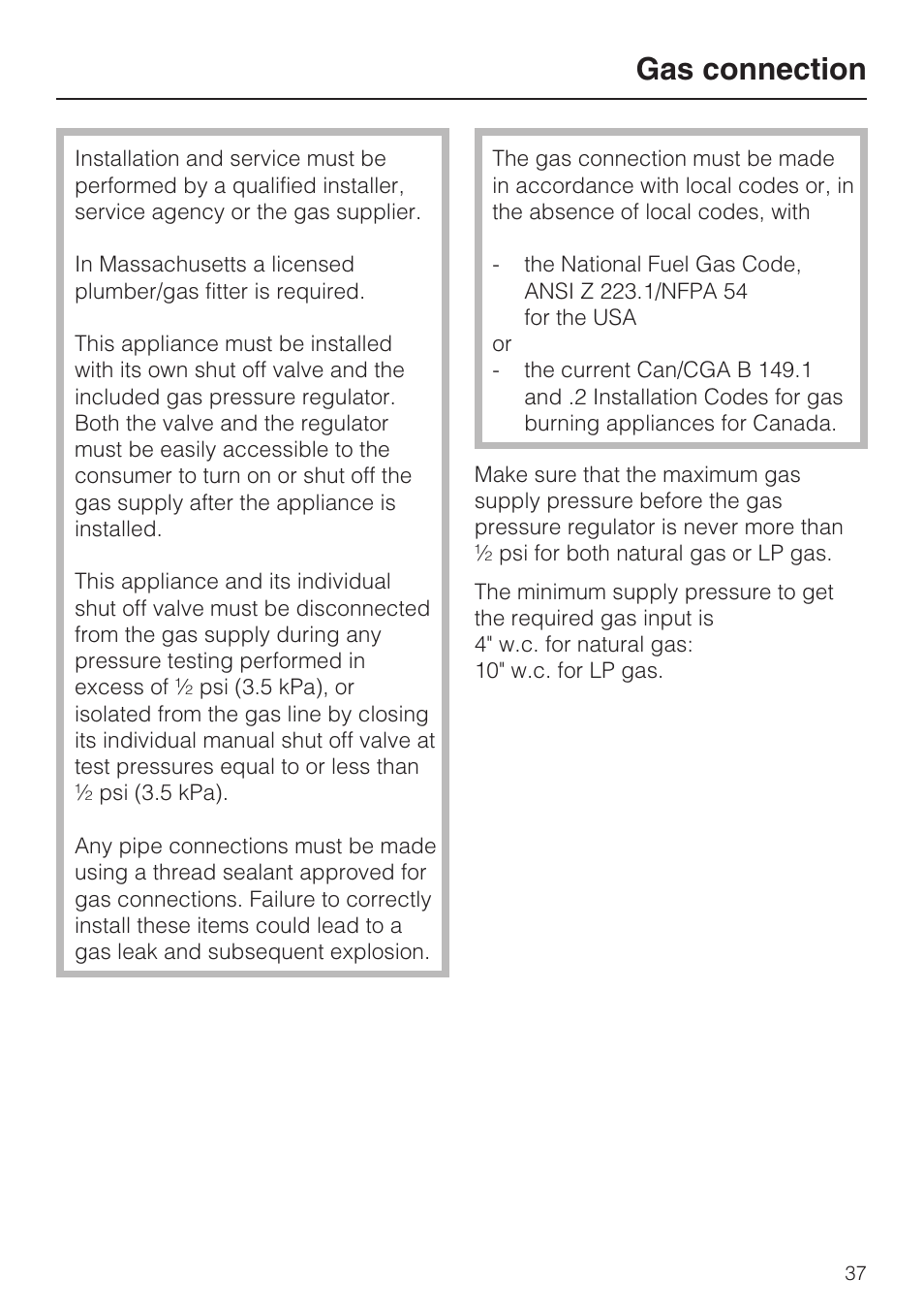 Gas connection 37, Gas connection | Miele CS1028 User Manual | Page 37 / 44