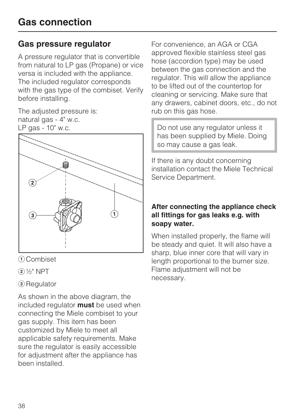 Gas pressure regulator 38, Gas connection, Gas pressure regulator | Miele CS1028 User Manual | Page 38 / 44