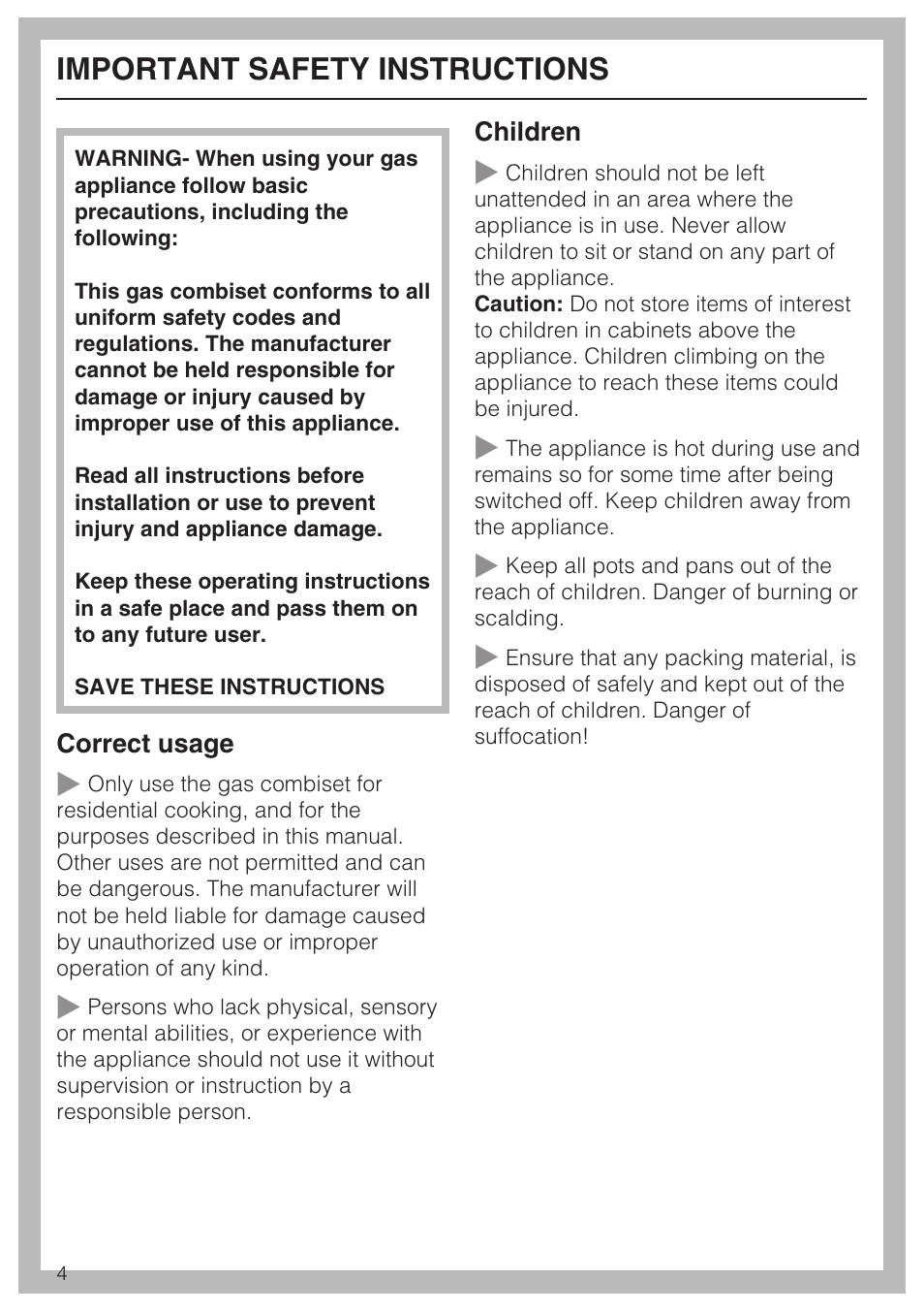 Important safety instructions 4, Important safety instructions | Miele CS1028 User Manual | Page 4 / 44