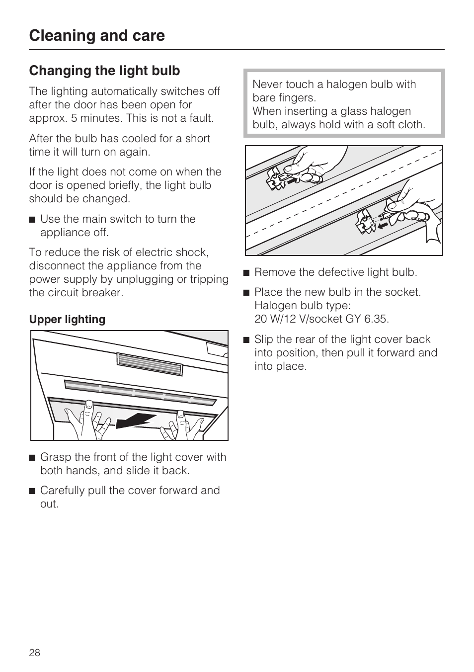 Changing the light bulb 28, Cleaning and care, Changing the light bulb | Miele K1901VI User Manual | Page 28 / 68