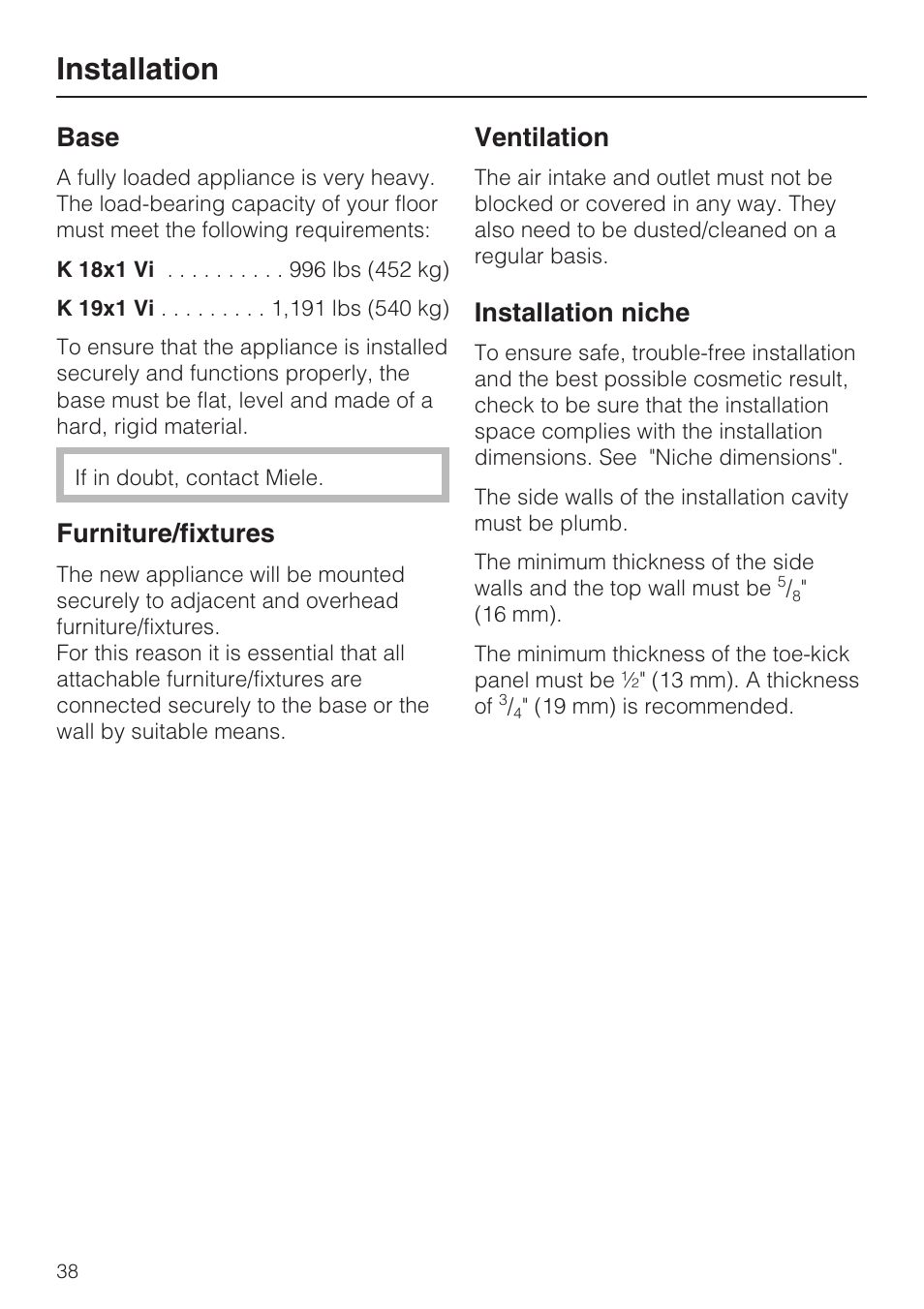 Installation, Base, Furniture/fixtures | Ventilation, Installation niche | Miele K1901VI User Manual | Page 38 / 68