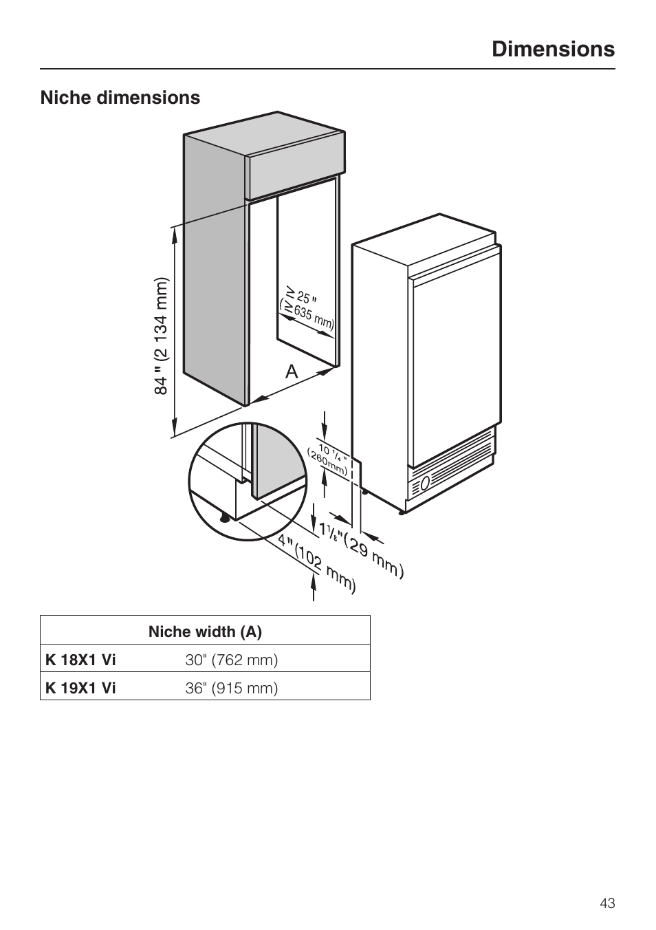 Niche dimensions 43, Dimensions, Niche dimensions | Miele K1901VI User Manual | Page 43 / 68