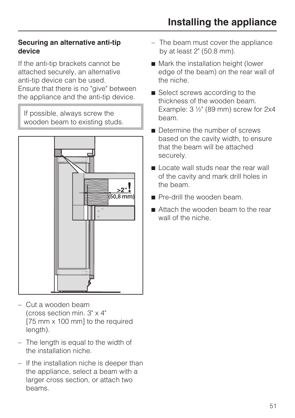 Installing the appliance | Miele K1901VI User Manual | Page 51 / 68