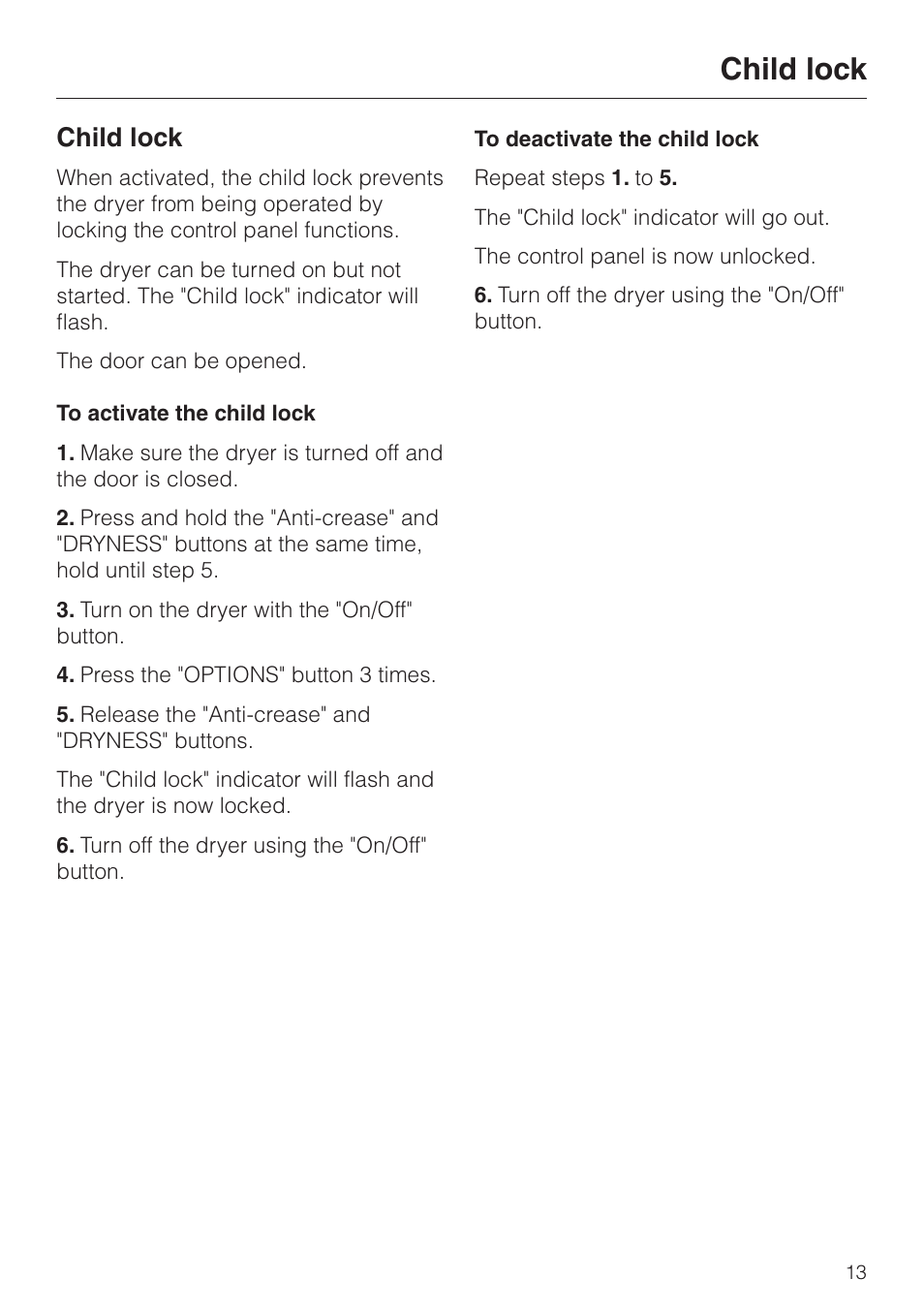 Child lock 13, Child lock | Miele T1405 User Manual | Page 13 / 40