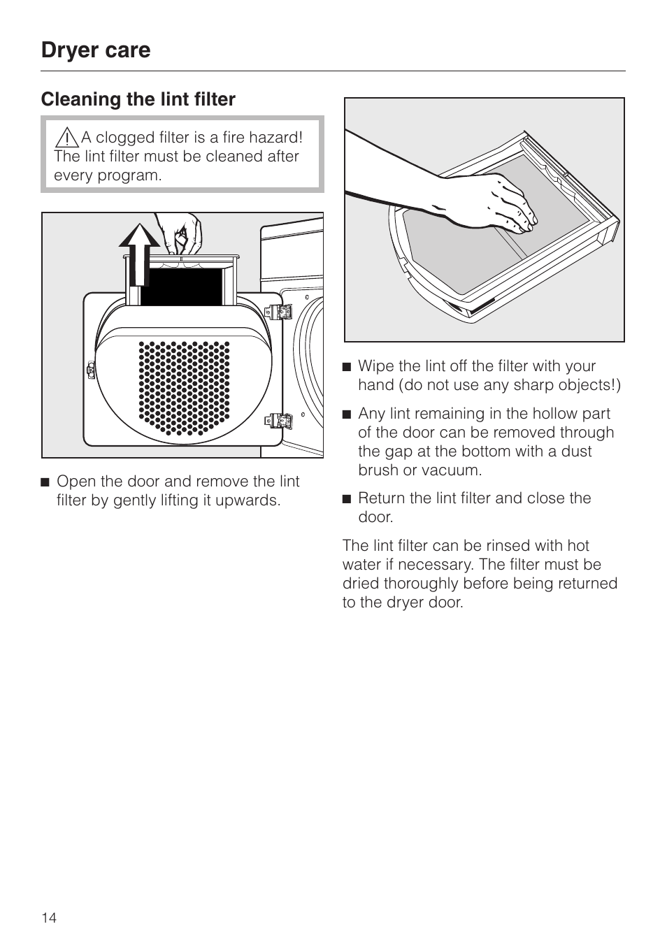 Dryer care 14, Cleaning the lint filter 14, Dryer care | Cleaning the lint filter | Miele T1405 User Manual | Page 14 / 40