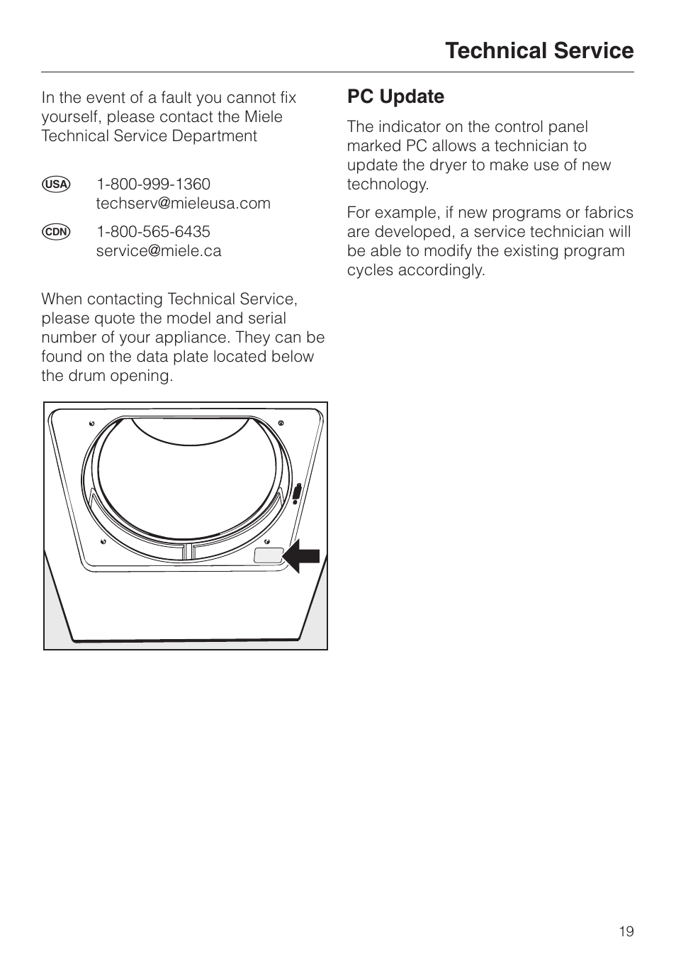 Technical service 19, Technical service, Pc update | Miele T1405 User Manual | Page 23 / 40