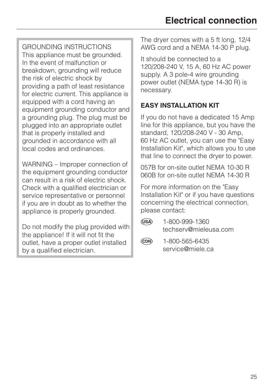 Electrical connection 25, Electrical connection | Miele T1405 User Manual | Page 29 / 40