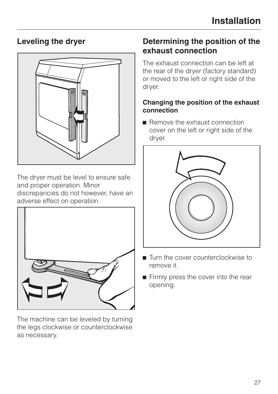 Leveling the dryer 27, Installation, Leveling the dryer | Determining the position of the exhaust connection | Miele T1405 User Manual | Page 31 / 40