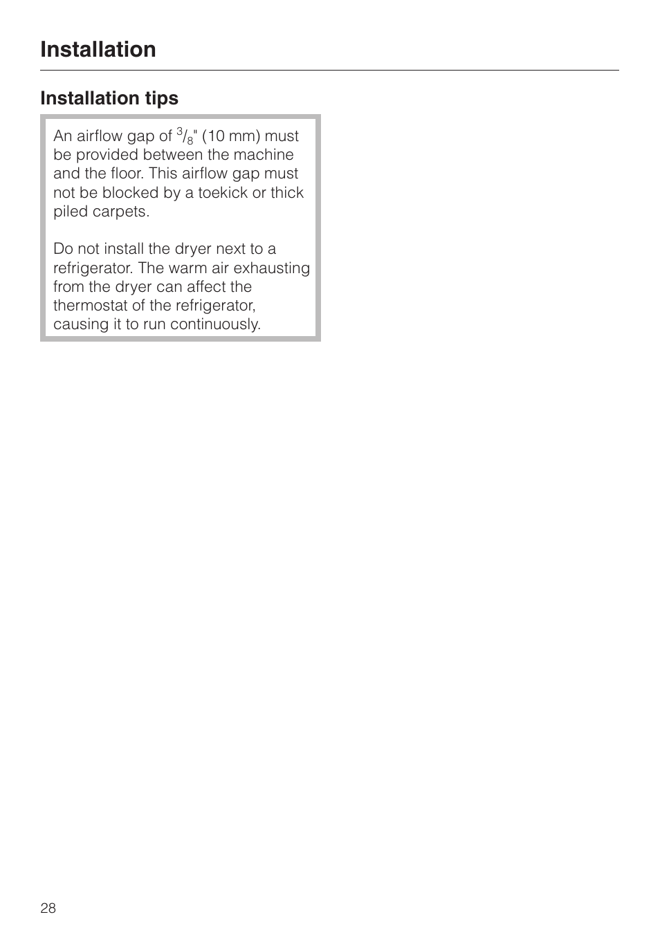 Installation tips 28, Installation tips, Installation | Miele T1405 User Manual | Page 32 / 40