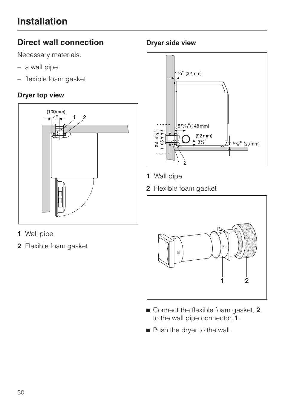 Direct wall connection 30, Direct wall connection, Installation | Miele T1405 User Manual | Page 34 / 40