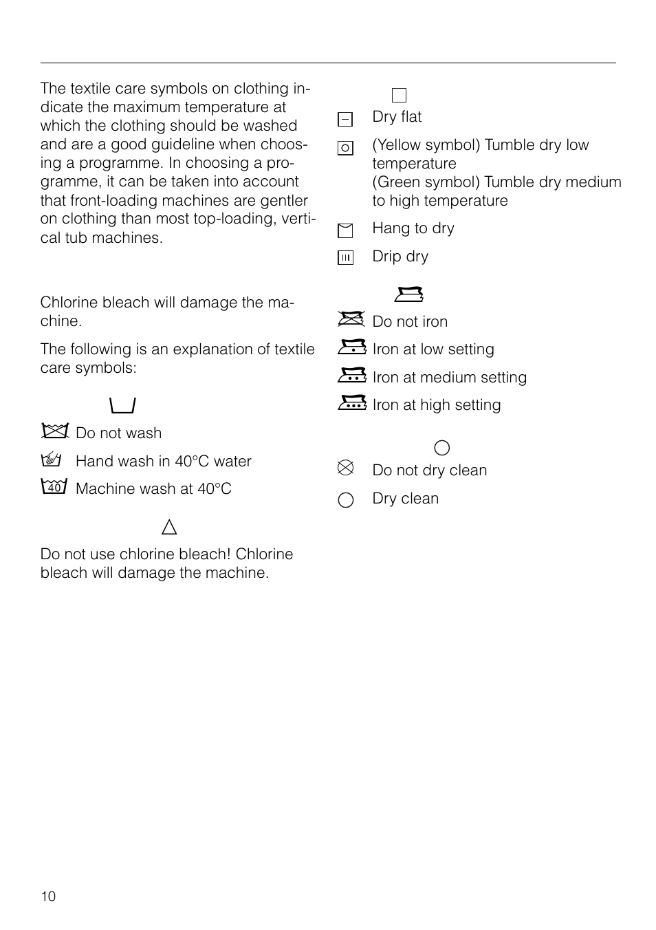 Textile care symbols | Miele NOVOTRONIC W 1903 User Manual | Page 10 / 44