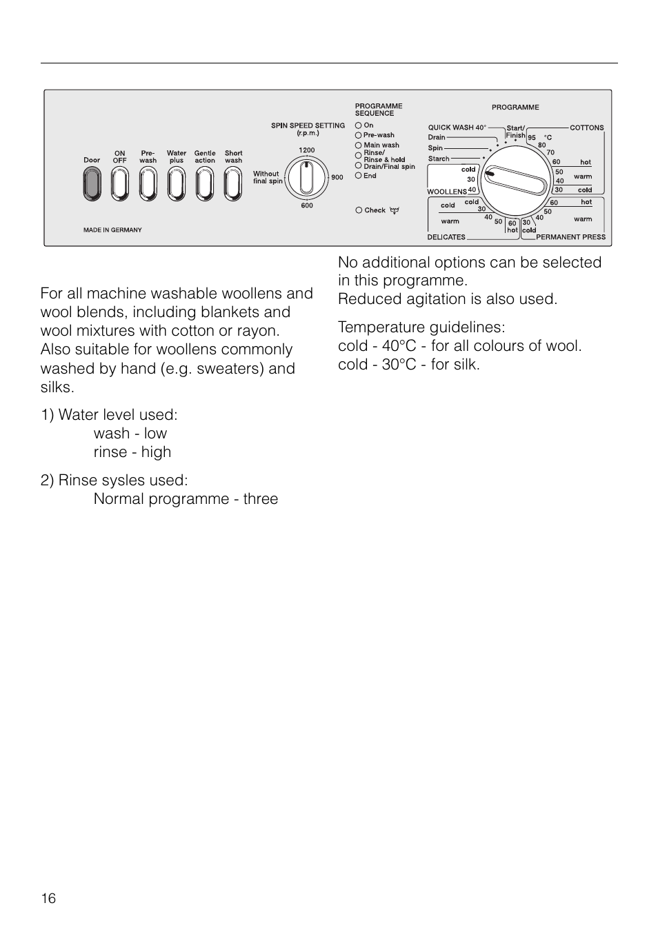 Programmes, Woollens | Miele NOVOTRONIC W 1903 User Manual | Page 16 / 44