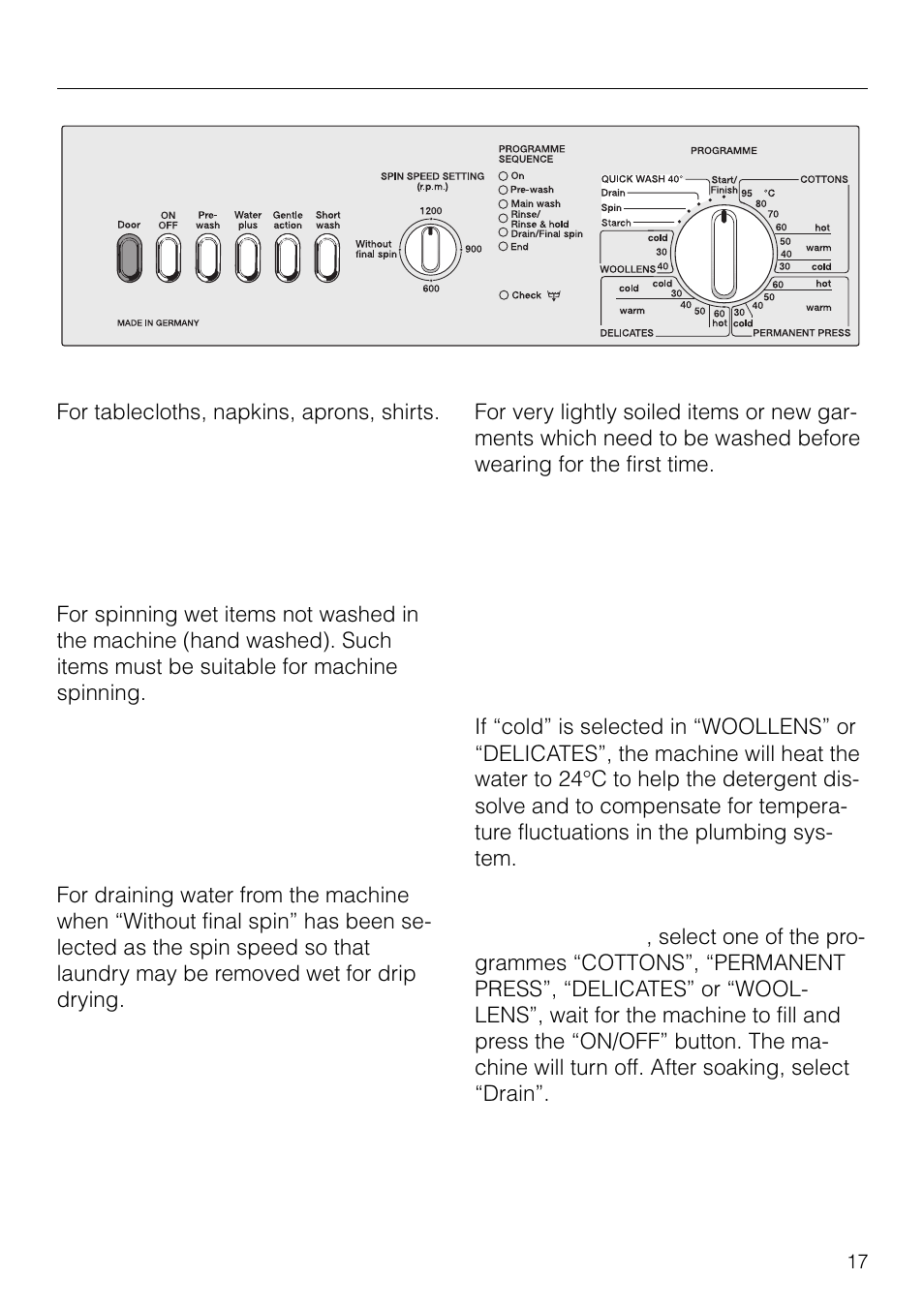 Programmes, Starch, Spin | Drain, Quick wash 40°c | Miele NOVOTRONIC W 1903 User Manual | Page 17 / 44