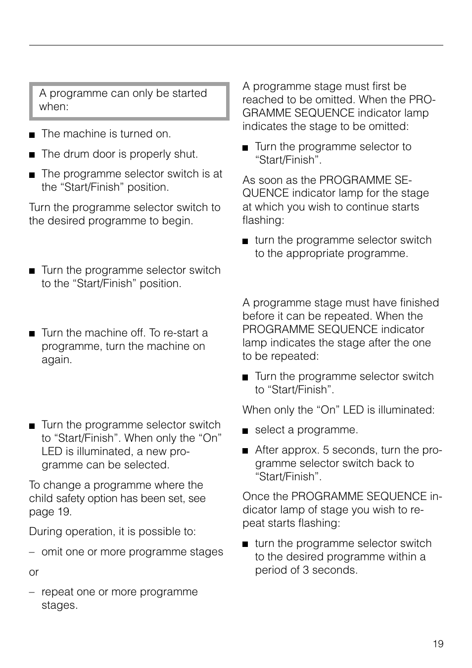 Changing the programme sequence, Selecting a programme | Miele NOVOTRONIC W 1903 User Manual | Page 19 / 44