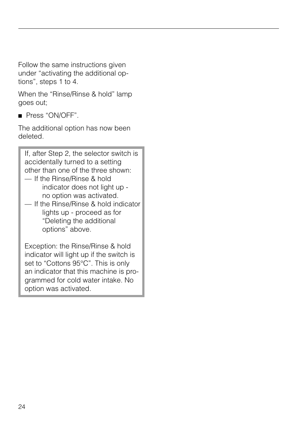 Programmable options, Deleting the additional op- tions | Miele NOVOTRONIC W 1903 User Manual | Page 24 / 44