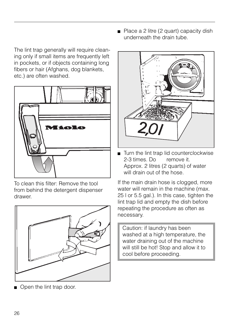 Cleaning and care, Cleaning the drain pump and lint trap | Miele NOVOTRONIC W 1903 User Manual | Page 26 / 44