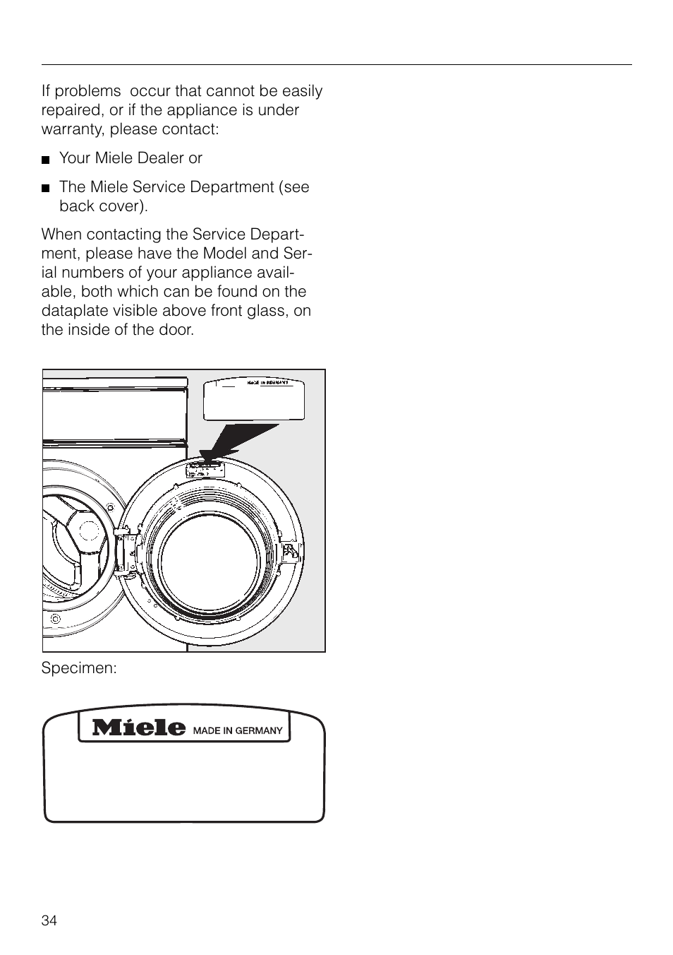 After sales service | Miele NOVOTRONIC W 1903 User Manual | Page 34 / 44